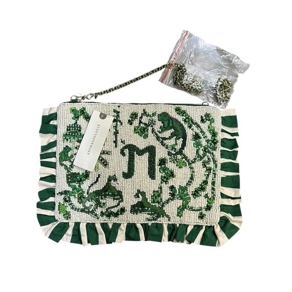 Anthropologie Beaded Monogram “M” Clutch – Green & Cream - Picture 9 of 9